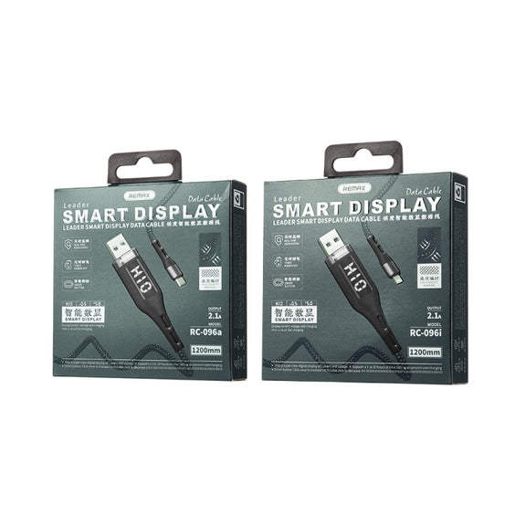 REMAX RC-096i Leader 1.2m 2.1 USB to 8 Pin Intelligent Digital Display Aluminum Alloy Braid Fast Charging Data Cable