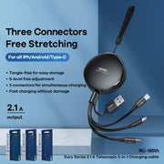 REMAX RC-185th 3 in 1 2.1A USB to 8 Pin + USB-C / Type-C + Micro USB Sury Series Telescopic Charging Data Cable(White)