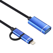 USB 3.0 Female to 8 Pin + USB-C / Type-C Male Charging + Transmission OTG Nylon Braided Adapter Cable, Cable Length: 11cm(Blue)