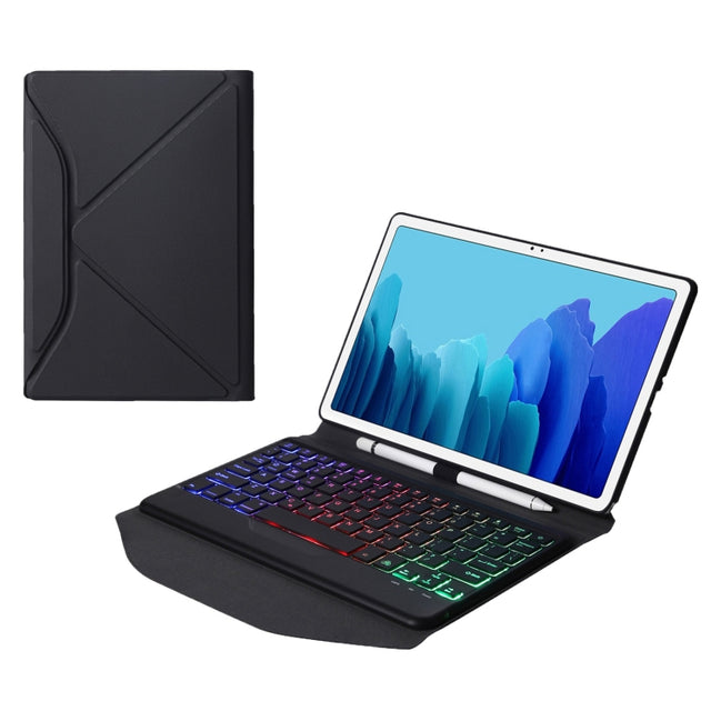 B500S Diamond Texture Triangle Back Holder Splittable Bluetooth Keyboard Leather Tablet Case with Backlight for Samsung Galaxy Tab A7 10.4 2020(Black+Black)