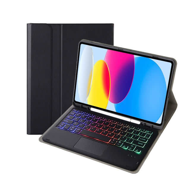 For iPad 11 2025 / 10th Gen 10.9 2022 A10B-AS Lambskin Texture Backlight Bluetooth Touch Keyboard Leather Tablet Case with Pen Slot(Black)