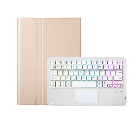 For iPad 10th Gen 10.9 2022 A10B-AS Lambskin Texture Backlight Bluetooth Touch Keyboard Leather Tablet Case with Pen Slot(Gold)