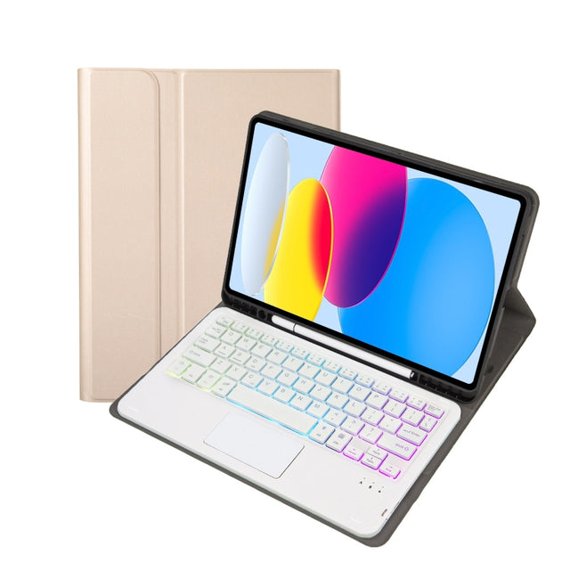 For iPad 10th Gen 10.9 2022 A10B-AS Lambskin Texture Backlight Bluetooth Touch Keyboard Leather Tablet Case with Pen Slot(Gold)