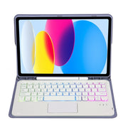 For iPad 10th Gen 10.9 2022 A10B-AS Lambskin Texture Backlight Bluetooth Touch Keyboard Leather Tablet Case with Pen Slot (Purple)