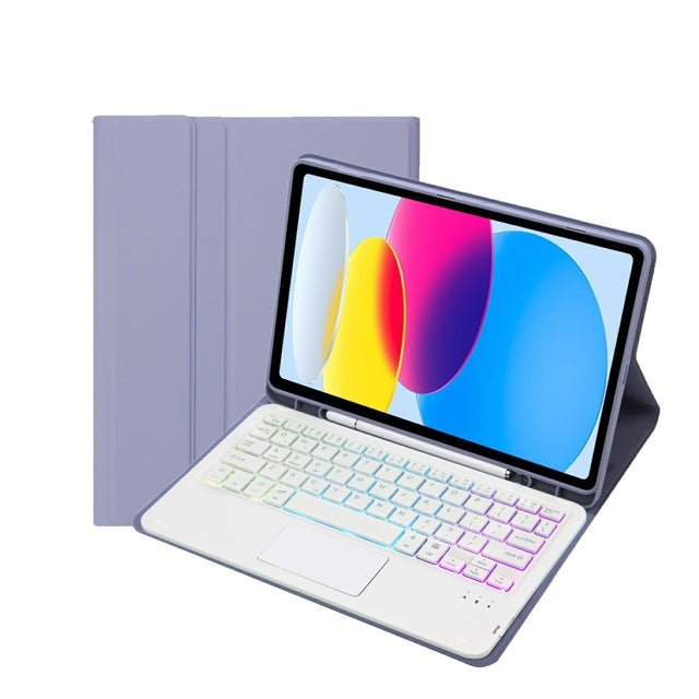 For iPad 10th Gen 10.9 2022 A10B-AS Lambskin Texture Backlight Bluetooth Touch Keyboard Leather Tablet Case with Pen Slot (Purple)