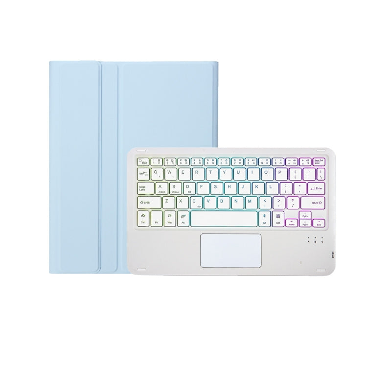 For iPad 11 2025 / 10th Gen 10.9 2022 A10B-AS Lambskin Texture Backlight Bluetooth Touch Keyboard Leather Tablet Case with Pen Slot (Baby Blue)