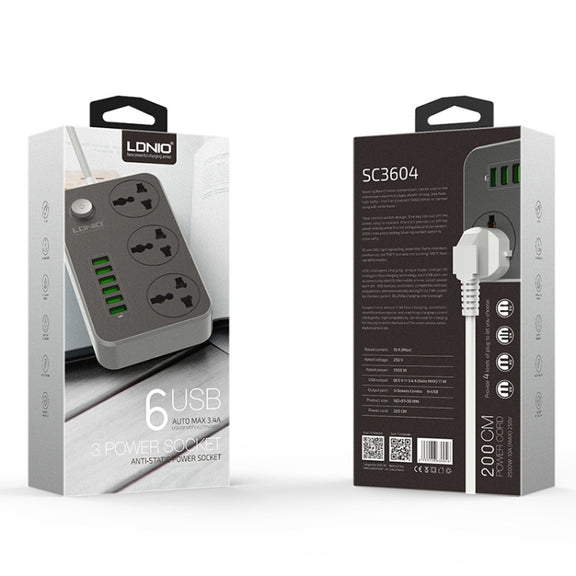 LDNIO SC3604 6 x USB Ports Multi-function Travel Home Office Socket, Cable Length: 2m, Big UK Plug