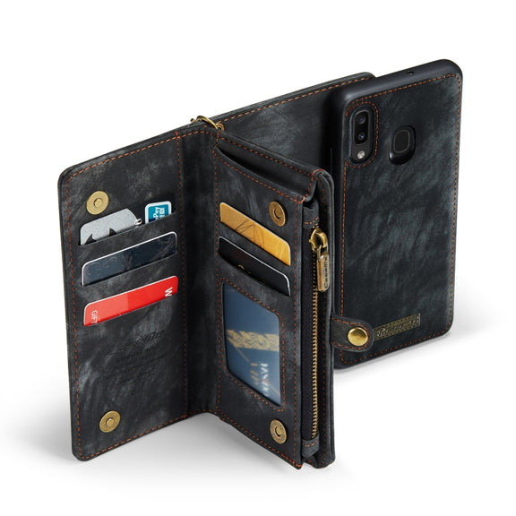 CaseMe-008 Detachable Multifunctional Retro Frosted Horizontal Flip Leather Case for Galaxy A20 / M10S, with Card Slot & Holder & Zipper Wallet & Photo Frame(Black)