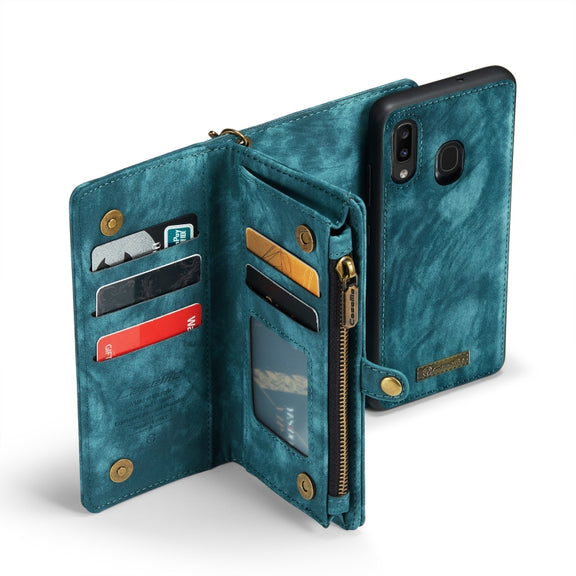 CaseMe-008 Detachable Multifunctional Retro Frosted Horizontal Flip Leather Case for Galaxy A20 / M10S, with Card Slot & Holder & Zipper Wallet & Photo Frame(Blue)