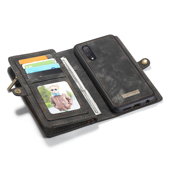 CaseMe-008 Detachable Multifunctional Retro Frosted Horizontal Flip Leather Case for Galaxy A50, with Card Slot & Holder & Zipper Wallet & Photo Frame(Black)