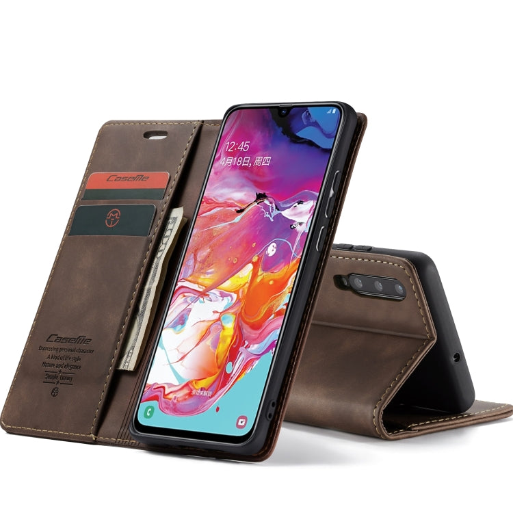 CaseMe-013 Multifunctional Retro Frosted Horizontal Flip Leather Case for Galaxy A70, with Card Slot & Holder & Zipper Wallet & Photo Frame(Coffee)