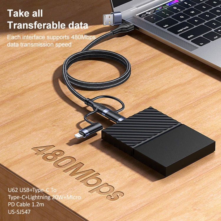USAMS US-SJ547 U62 USB + Type-C / USB-C toType-C / USB-C + 8 Pin + Micro Aluminum Alloy PD Fast Charging Data Cable, Length: 1.2m(Green)