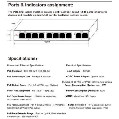 ESCAM POE 8+2 10-Port Fast Ethernet Switch 8-Port POE 10/100M 120W Network Switch, Transmission Distance: 150m(Blue) - free shipping - PMC Jewellery - Order now!
