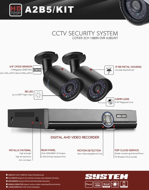 A2B5 720P 1.0 Mega Pixel 2 x Bullet AHD Cameras AHD DVR Kit, Support Night Vision / Motion Detection, IR Distance: 20m(Black) - Video Recorder Kit by PMC Jewellery | Online Shopping South Africa | PMC Jewellery | Buy Now Pay Later Mobicred