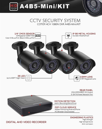 A4B5-Mini 4 Channel 720P 1.0 Mega Pixel 4 x Bullet AHD Cameras AHD DVR Kit, Support Night Vision / Motion Detection, IR Distance: 20m - Video Recorder Kit by PMC Jewellery | Online Shopping South Africa | PMC Jewellery | Buy Now Pay Later Mobicred