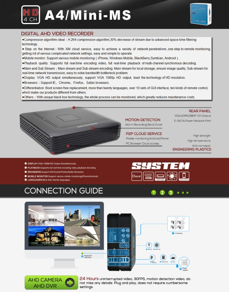 A4/Mini-MS 5 in 1 4-Channel Dual Stream H.264 1080N Mini AHD DVR, Support AHD / TVI / CVI / CVBS / IP Signal(Black)