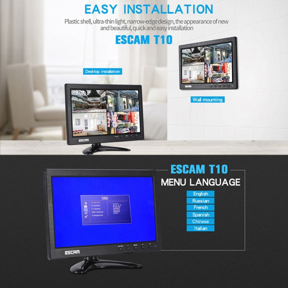 ESCAM T10 10.0 inch TFT LCD 1024x600 Monitor with VGA & HDMI & AV & BNC & USB for PC CCTV Security