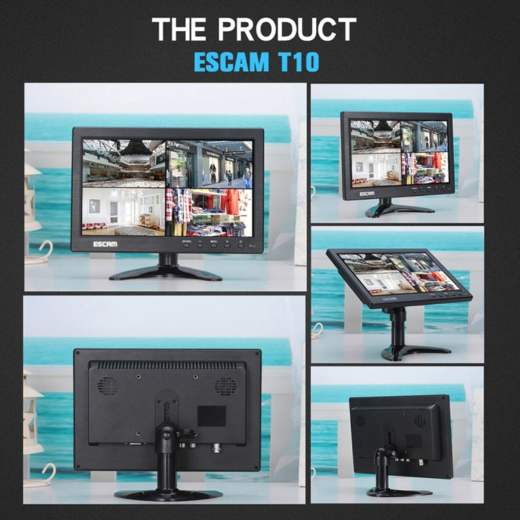 ESCAM T10 10.0 inch TFT LCD 1024x600 Monitor with VGA & HDMI & AV & BNC & USB for PC CCTV Security