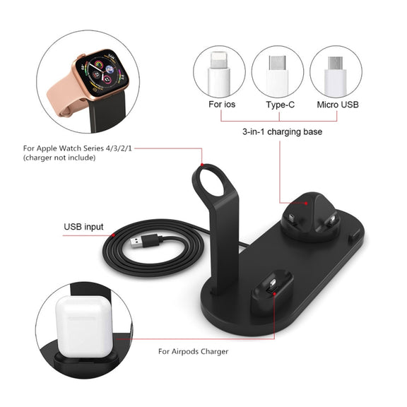 HQ-UD15 5 in 1 Micro USB + USB-C / Type-C + 8 Pin Interface Phone Charging Base with 8 Pin Earphone Charging Interface & Watch Stand, Without Wireless Charger(White)