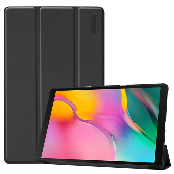 ENKAY PU Leather + Plastic Bottom Case with Three-folding Holder for Galaxy Tab A 10.1 (2019) T510 / T515(Black)