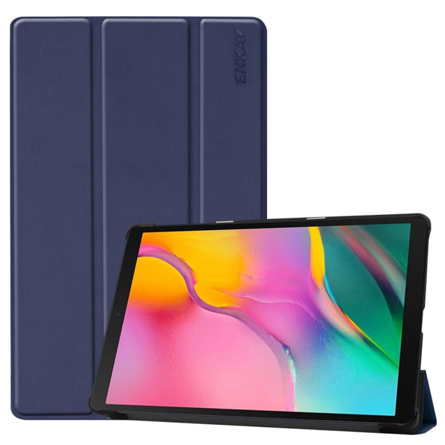 ENKAY PU Leather + Plastic Bottom Case with Three-folding Holder for Galaxy Tab A 10.1 (2019) T510 / T515(Dark Blue)