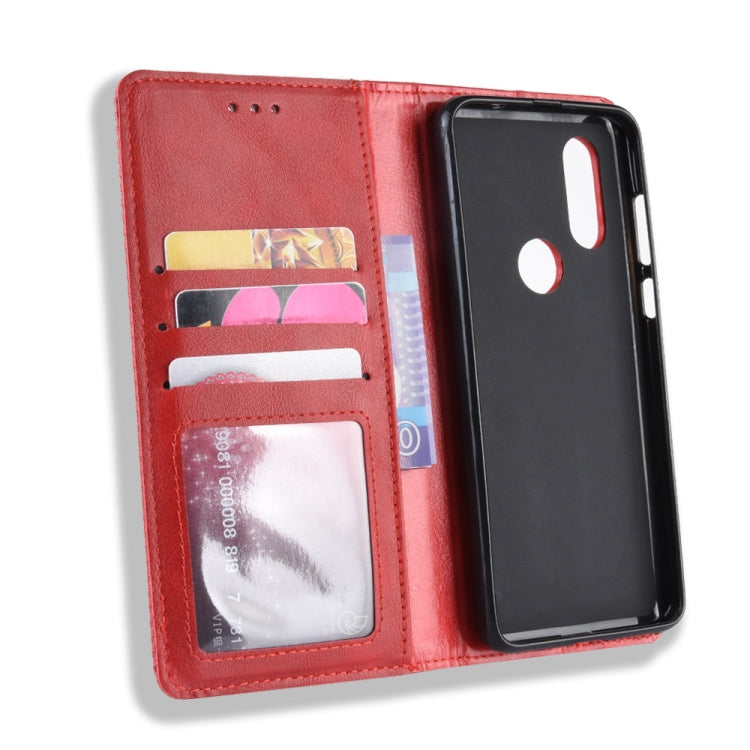 Magnetic Buckle Retro Crazy Horse Texture Horizontal Flip Leather Case for Motorola MOTO One Vision, with Holder & Card Slots & Photo Frame(Red)