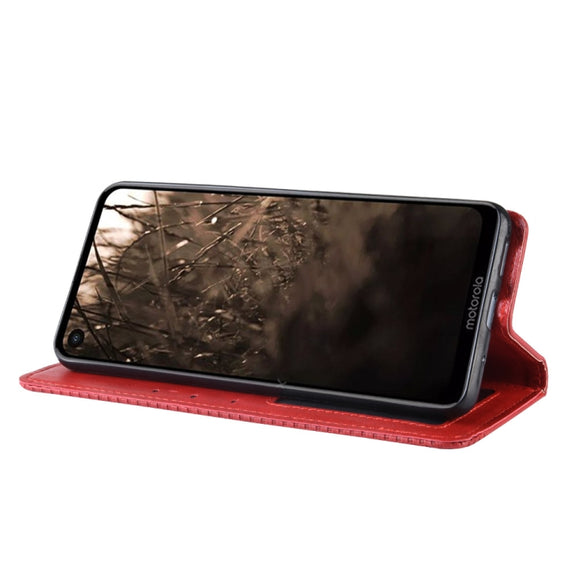 Magnetic Buckle Retro Crazy Horse Texture Horizontal Flip Leather Case for Motorola MOTO One Vision, with Holder & Card Slots & Photo Frame(Red)