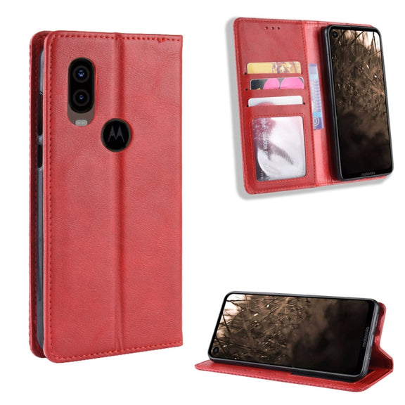 Magnetic Buckle Retro Crazy Horse Texture Horizontal Flip Leather Case for Motorola MOTO One Vision, with Holder & Card Slots & Photo Frame(Red)