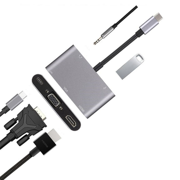 5 in 1 Type-C To HDMI + VGA + USB 3.0 + Audio Port + PD Port HUB Adapter(Grey)