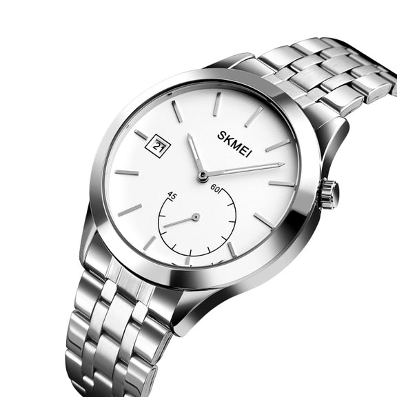 SKMEI 1581 Creative Fashion Men Watch Simple Casual Outdoor Sports Water-resistant Two-Pin Quartz Watch(Silver Steel Belt)