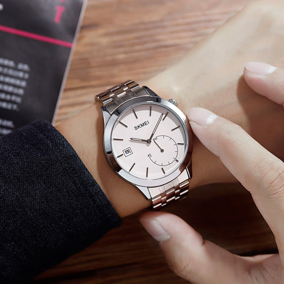 SKMEI 1581 Creative Fashion Men Watch Simple Casual Outdoor Sports Water-resistant Two-Pin Quartz Watch(Silver Steel Belt)