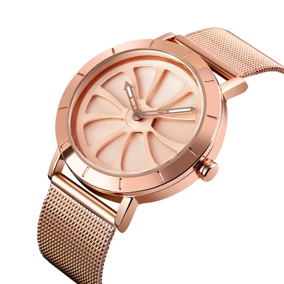 SKMEI 9204 Fashion Skeleton Rotating Dial Water-resistant Business Mesh Belt Quartz Watch Men Watch(Rose Gold)