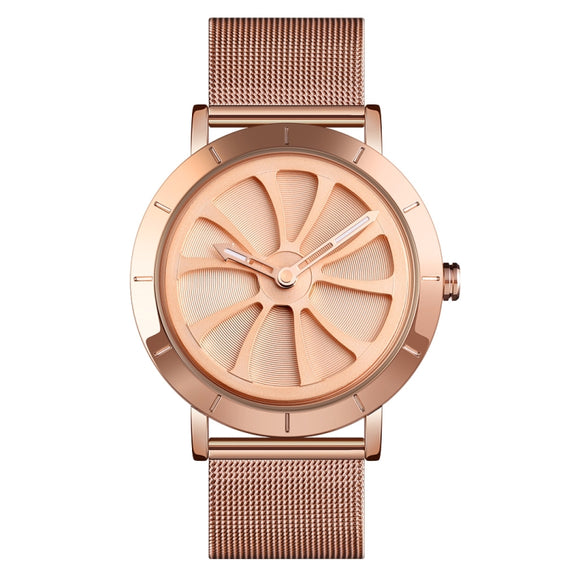 SKMEI 9204 Fashion Skeleton Rotating Dial Water-resistant Business Mesh Belt Quartz Watch Men Watch(Rose Gold)