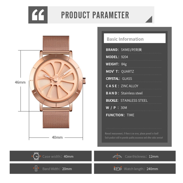 SKMEI 9204 Fashion Skeleton Rotating Dial Water-resistant Business Mesh Belt Quartz Watch Men Watch(Rose Gold)