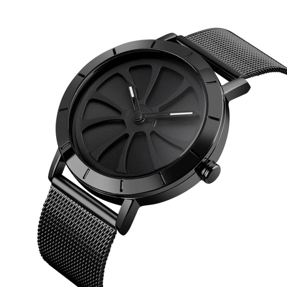 SKMEI 9204 Fashion Skeleton Rotating Dial Water-resistant Business Mesh Belt Quartz Watch Men Watch(Black)