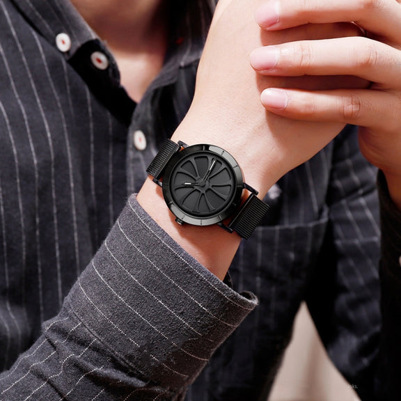 SKMEI 9204 Fashion Skeleton Rotating Dial Water-resistant Business Mesh Belt Quartz Watch Men Watch(Black)