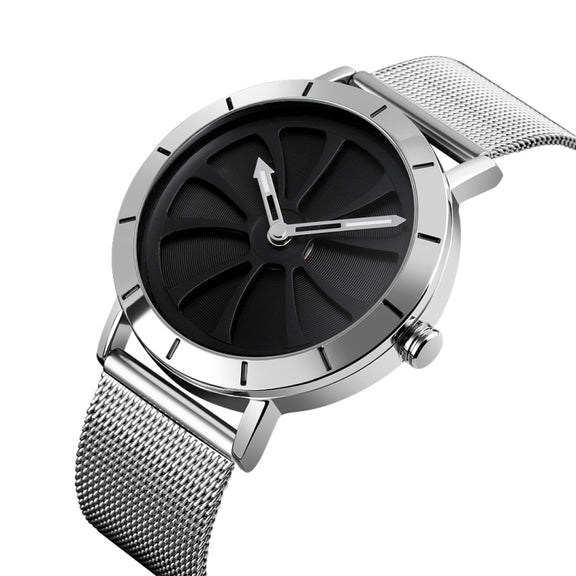 SKMEI 9204 Fashion Skeleton Rotating Dial Water-resistant Business Mesh Belt Quartz Watch Men Watch(Silver Black)