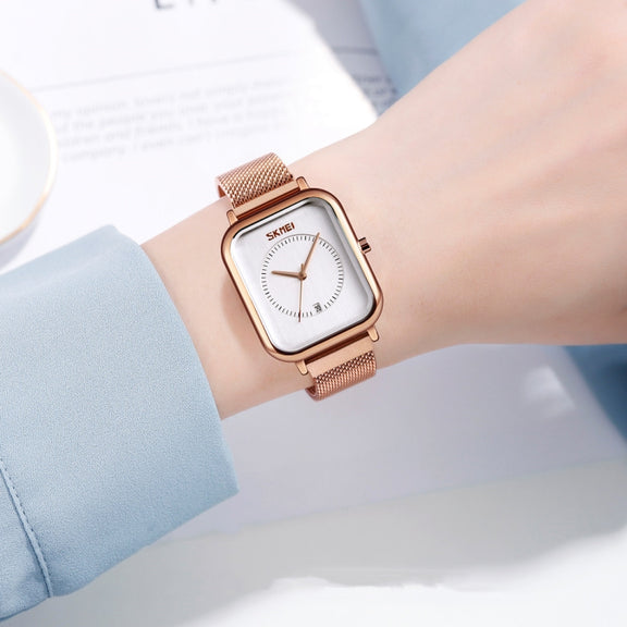 SKMEI 9207 Fashion Creative Simple Watch Men Magnetic Buckle Mesh Belt Steel Belt Couple Quartz Watch(Silver White)