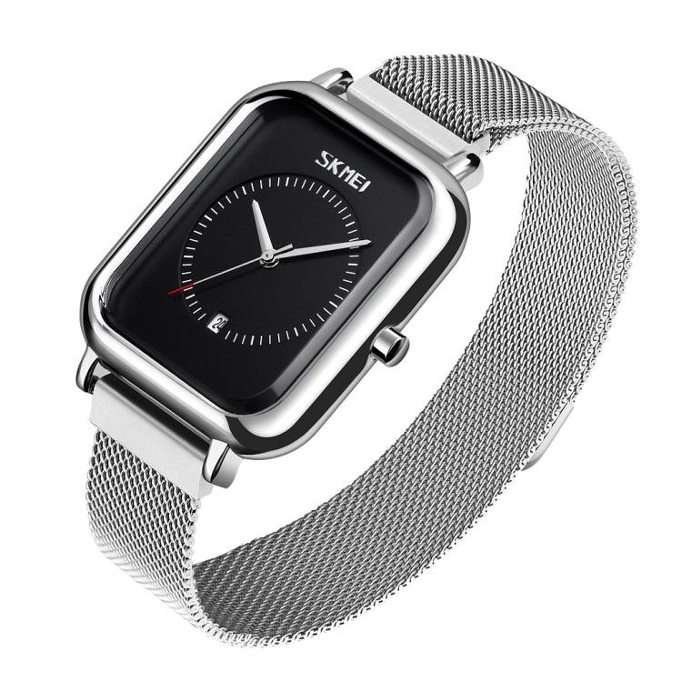 SKMEI 9207 Fashion Creative Simple Watch Men Magnetic Buckle Mesh Belt Steel Belt Couple Quartz Watch(Silver Black) - free shipping - PMC Jewellery - Order now!