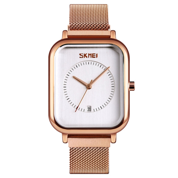 SKMEI 9207 Fashion Creative Simple Watch Men Magnetic Buckle Mesh Belt Steel Belt Couple Quartz Watch(Rose Gold White)