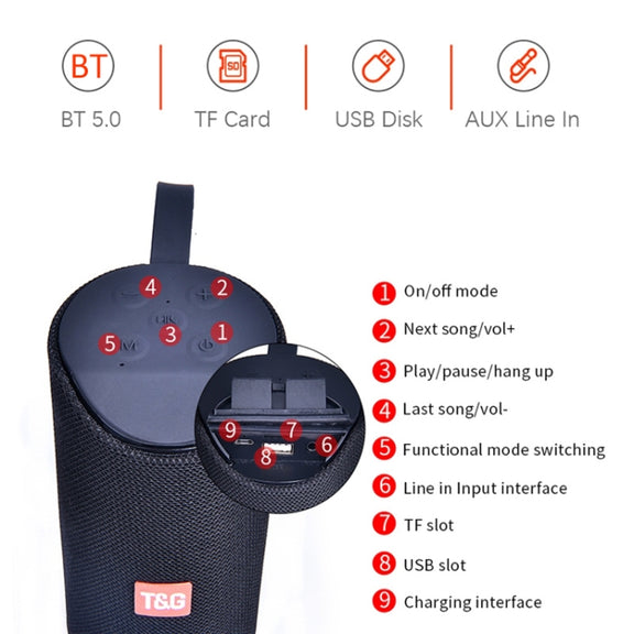 T&G TG169 LED Portable Bluetooth Speaker Outdoor Water-resistant Subwoofer 3D Stereo Mini wireless Loudspeaker Support AUX FM TF card(Black)