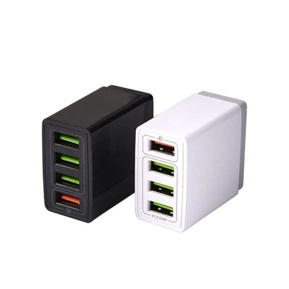 2 in 1 1m USB to 8 Pin Data Cable + 30W QC 3.0 4 USB Interfaces Mobile Phone Tablet PC Universal Quick Charger Travel Charger Set, US Plug(Black)