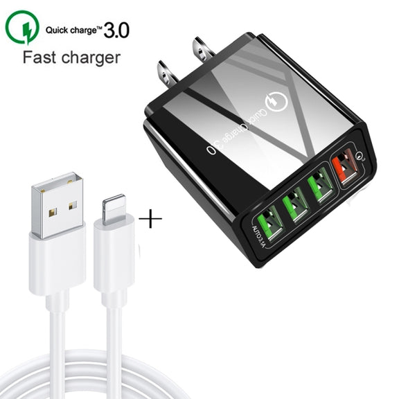2 in 1 1m USB to 8 Pin Data Cable + 30W QC 3.0 4 USB Interfaces Mobile Phone Tablet PC Universal Quick Charger Travel Charger Set, US Plug(Black)