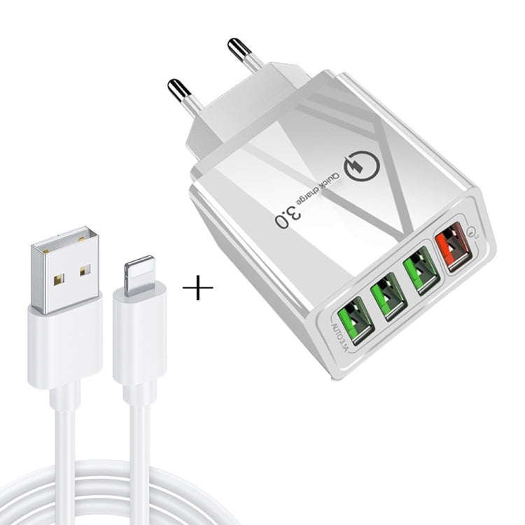 2 in 1 1m USB to 8 Pin Data Cable + 30W QC 3.0 4 USB Interfaces Mobile Phone Tablet PC Universal Quick Charger Travel Charger Set, EU Plug(White) - free shipping - PMC Jewellery - Order now!