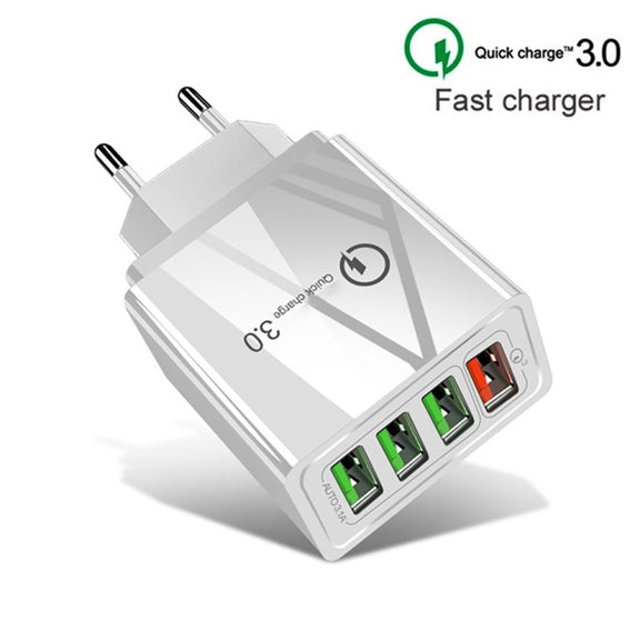 2 in 1 1m USB to 8 Pin Data Cable + 30W QC 3.0 4 USB Interfaces Mobile Phone Tablet PC Universal Quick Charger Travel Charger Set, EU Plug(White)