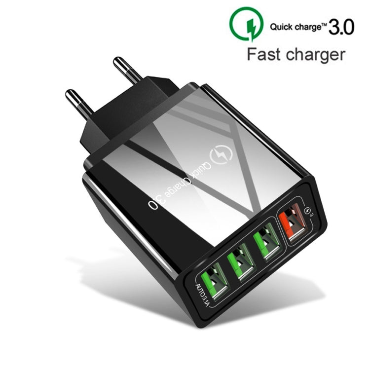 2 in 1 1m USB to 8 Pin Data Cable + 30W QC 3.0 4 USB Interfaces Mobile Phone Tablet PC Universal Quick Charger Travel Charger Set, EU Plug(Black) - USB Charger by PMC Jewellery | Online Shopping South Africa | PMC Jewellery | Buy Now Pay Later Mobicred