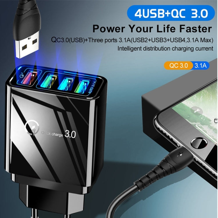 2 in 1 1m USB to 8 Pin Data Cable + 30W QC 3.0 4 USB Interfaces Mobile Phone Tablet PC Universal Quick Charger Travel Charger Set, EU Plug(Black)