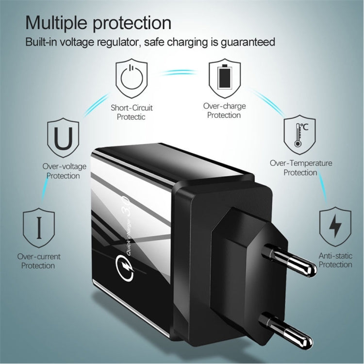 2 in 1 1m USB to 8 Pin Data Cable + 30W QC 3.0 4 USB Interfaces Mobile Phone Tablet PC Universal Quick Charger Travel Charger Set, EU Plug(Black) - USB Charger by PMC Jewellery | Online Shopping South Africa | PMC Jewellery | Buy Now Pay Later Mobicred