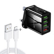2 in 1 1m USB to 8 Pin Data Cable + 30W QC 3.0 4 USB Interfaces Mobile Phone Tablet PC Universal Quick Charger Travel Charger Set, UK Plug(Black) - USB Charger by PMC TechLife | Online Shopping South Africa | PMC TechLife | Buy Now Pay Later Mobicred