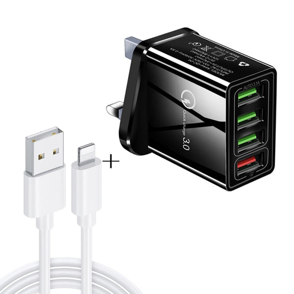 2 in 1 1m USB to 8 Pin Data Cable + 30W QC 3.0 4 USB Interfaces Mobile Phone Tablet PC Universal Quick Charger Travel Charger Set, UK Plug(Black)